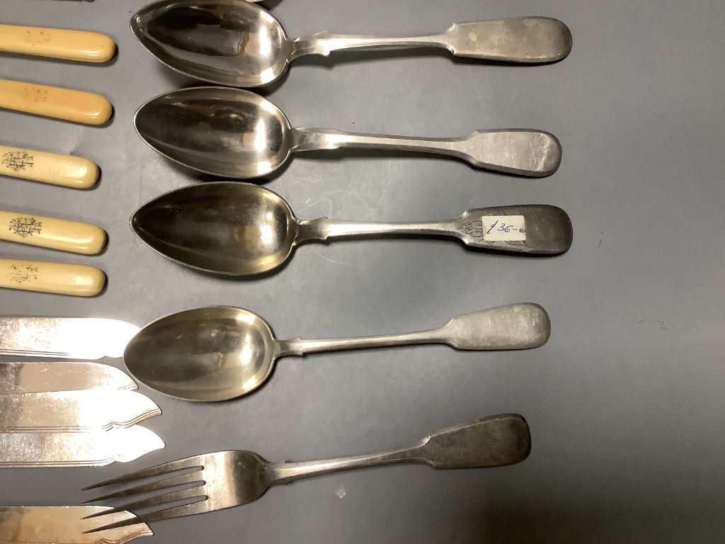 Six pairs of Victorian Ivory handled silver fish eaters and a small quantity of other flatware.
